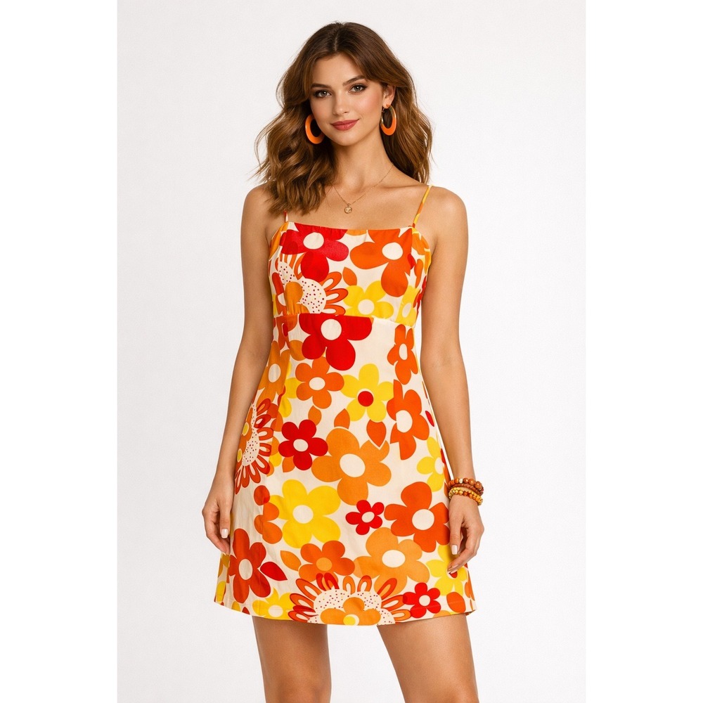 Retro Floral Midi Dress Womens Medium Orange Yellow 70s Flower Power Dopamine‎